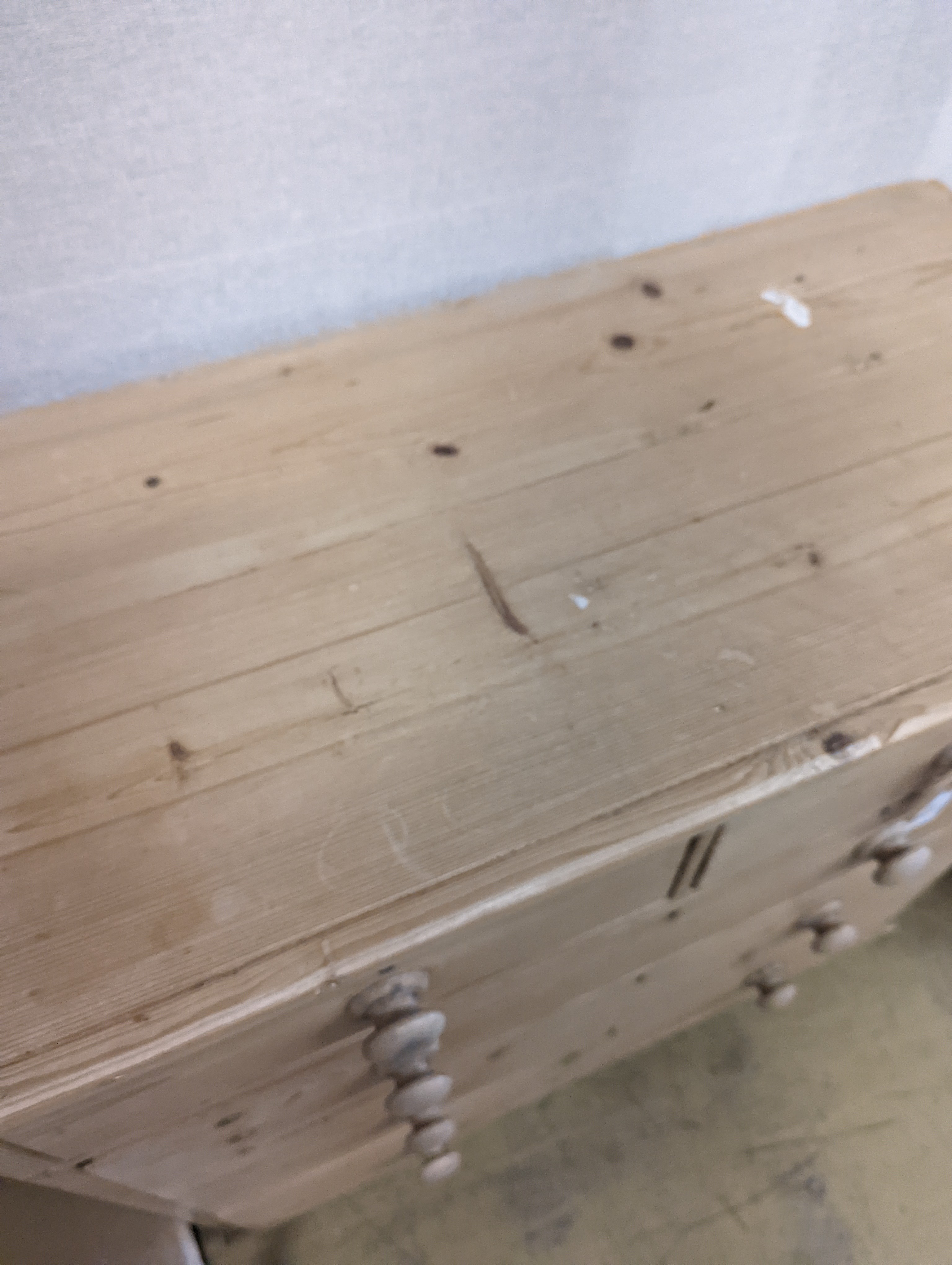 A Victorian pine chest of two short and three long drawers, width 94cm, depth 44cm, height 96cm